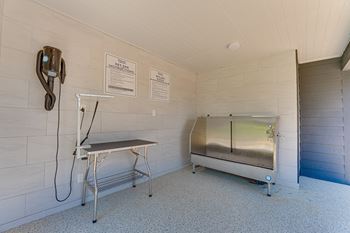 A room with a sink and a metal table.